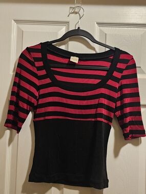 Cache Black and Red Striped Scoop Neck Tee